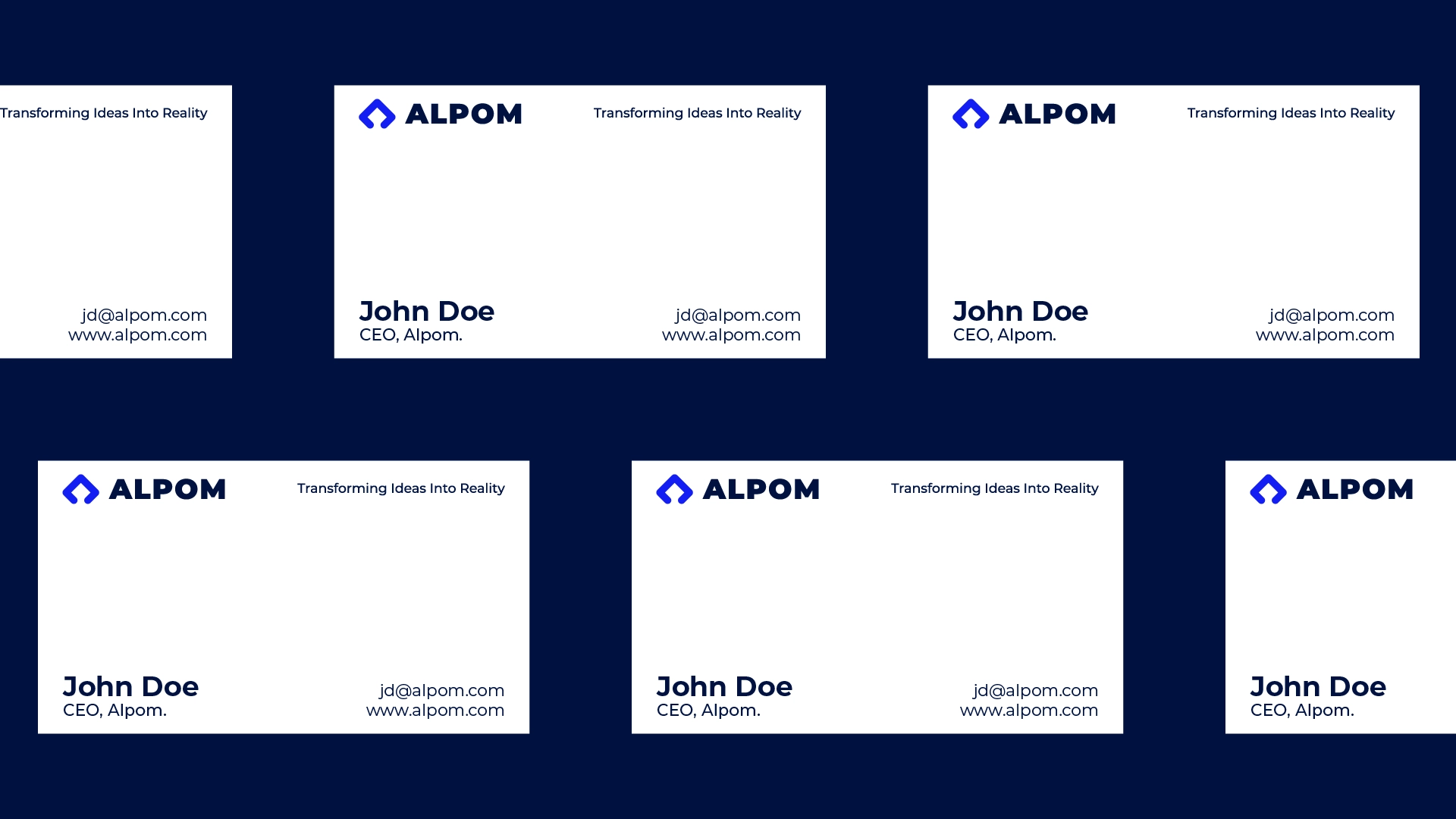 White business card with Alpom's logo on the top left corner and all the contato infos in dark blue.